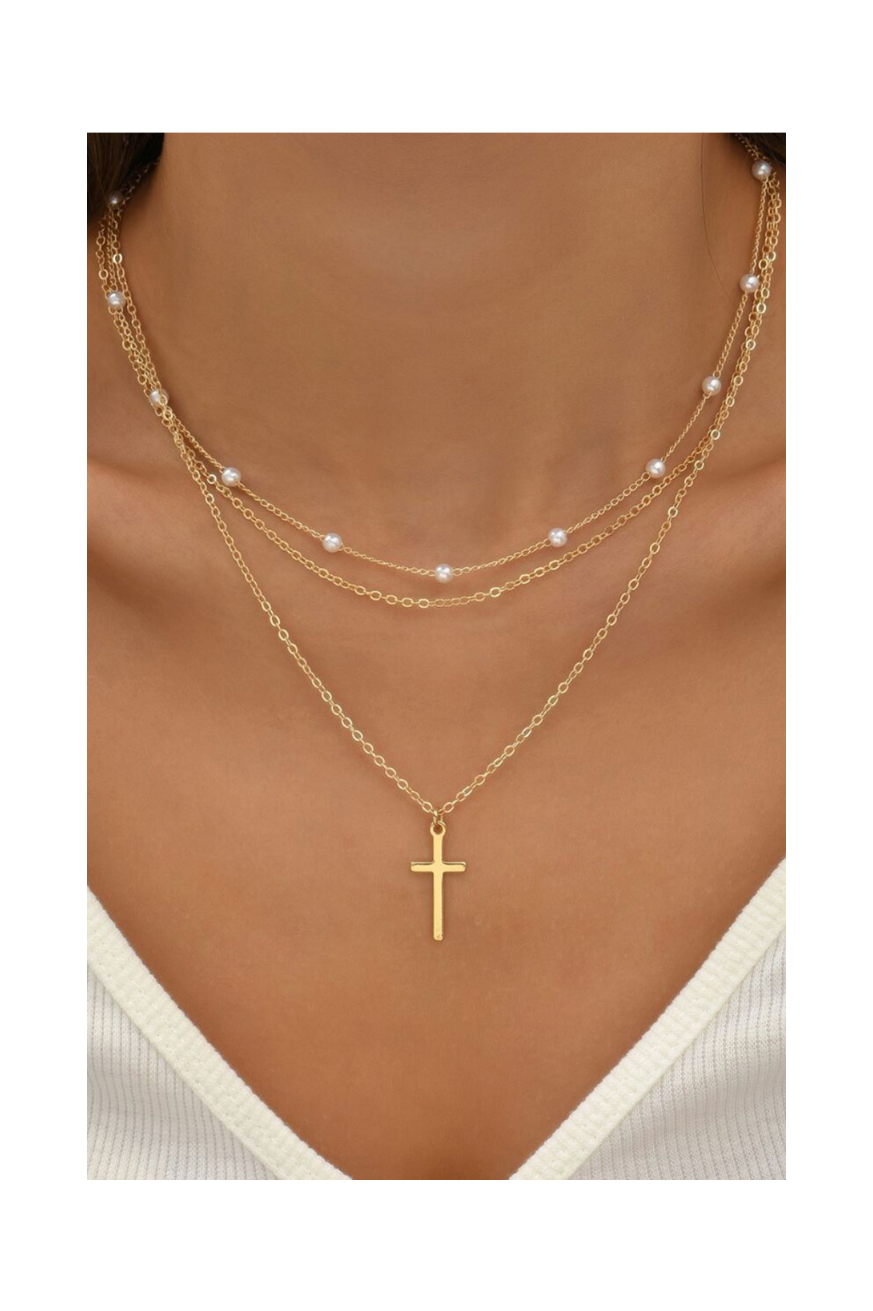 Gold Plated Cross Pendant Triple Layer Necklace