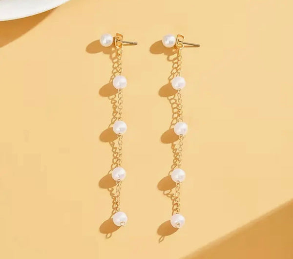 Gold Pearl Dangle Drop Earrings