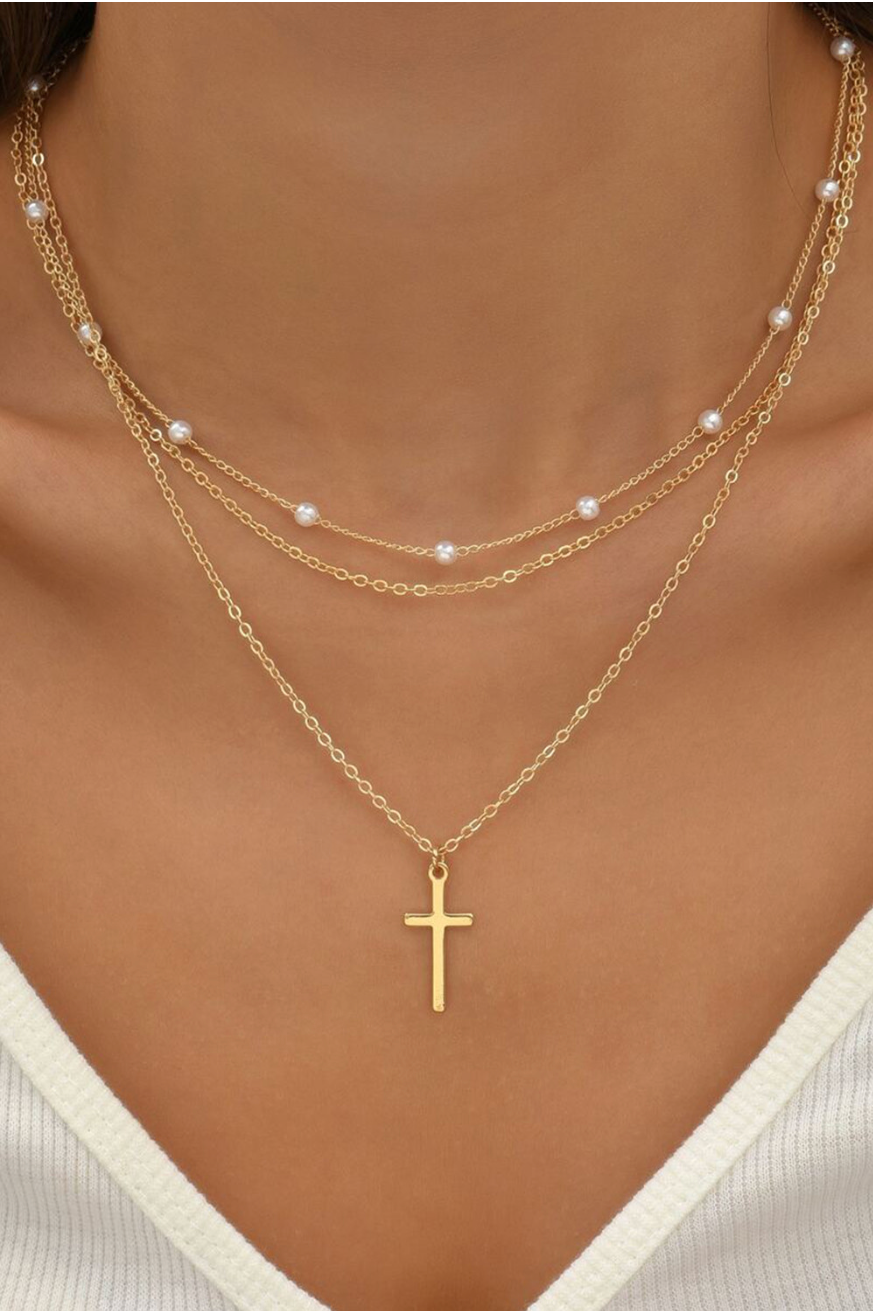 Gold Plated Cross Pendant Triple Layer Necklace