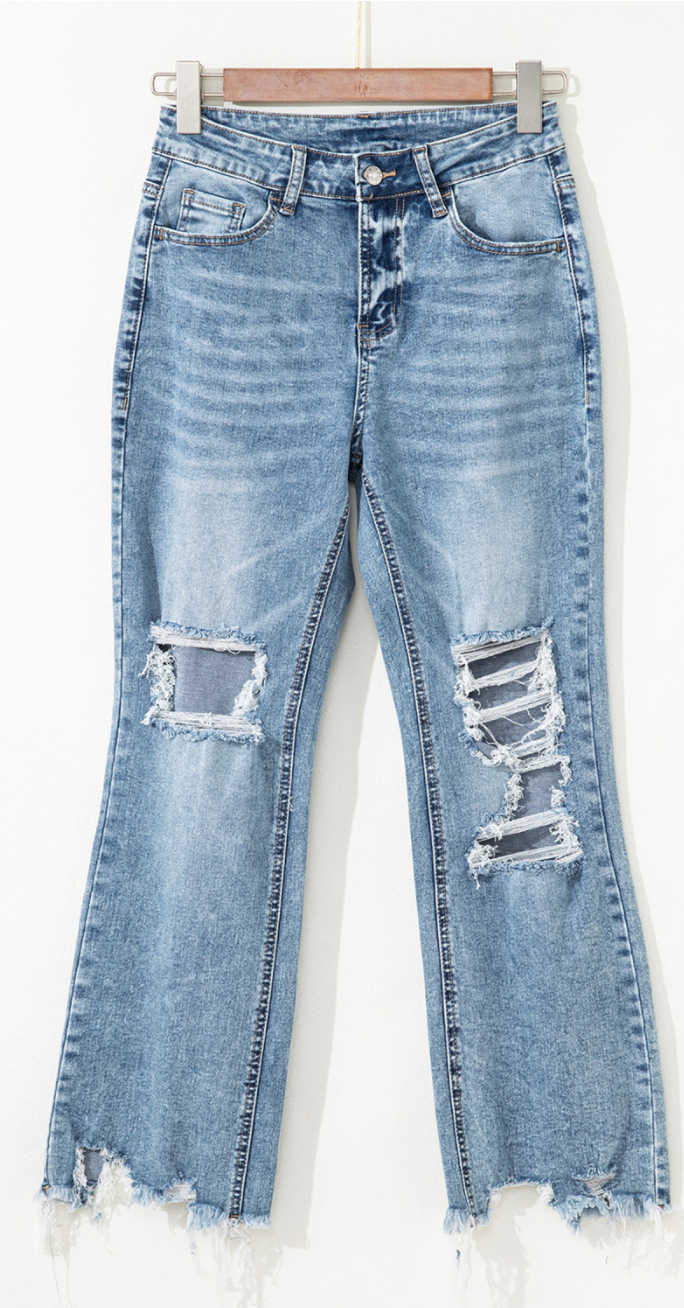 Raw Hem Ripped Flare Jeans